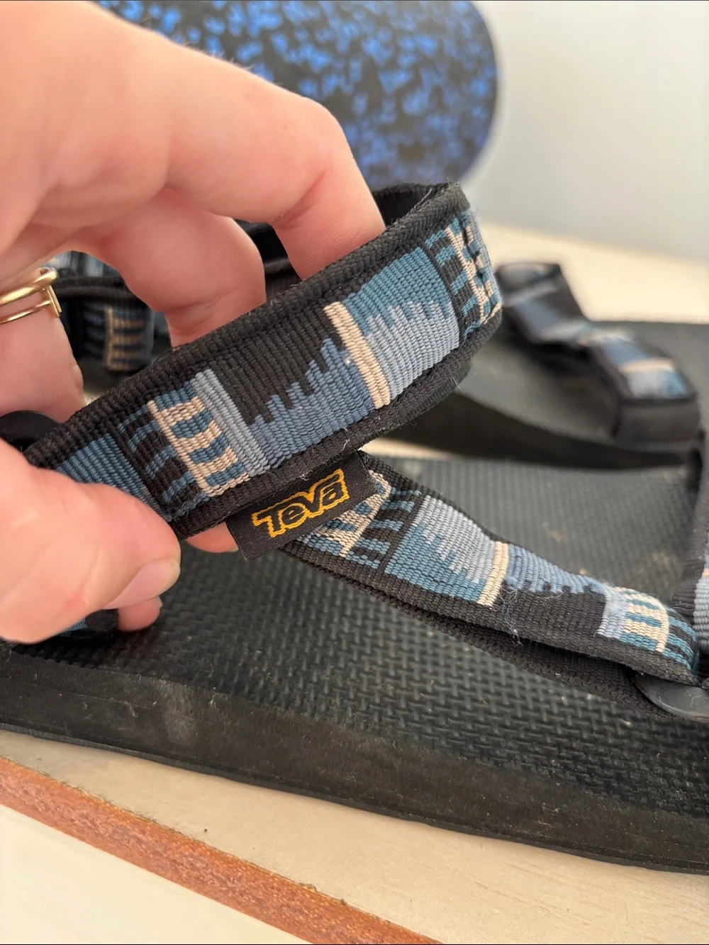 Mens Black Sandals with Blue Patterned Straps